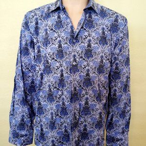men s shirt XL blue grey print button front cotton Tallia